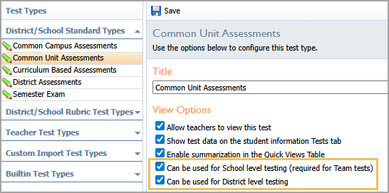 Configuration options for test types, including "Can be used for school level testing (required for team tests)".